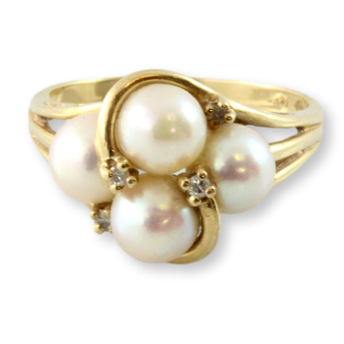 14K Yellow Gold Four Pearl .05ctw Diamond Cluster Ring