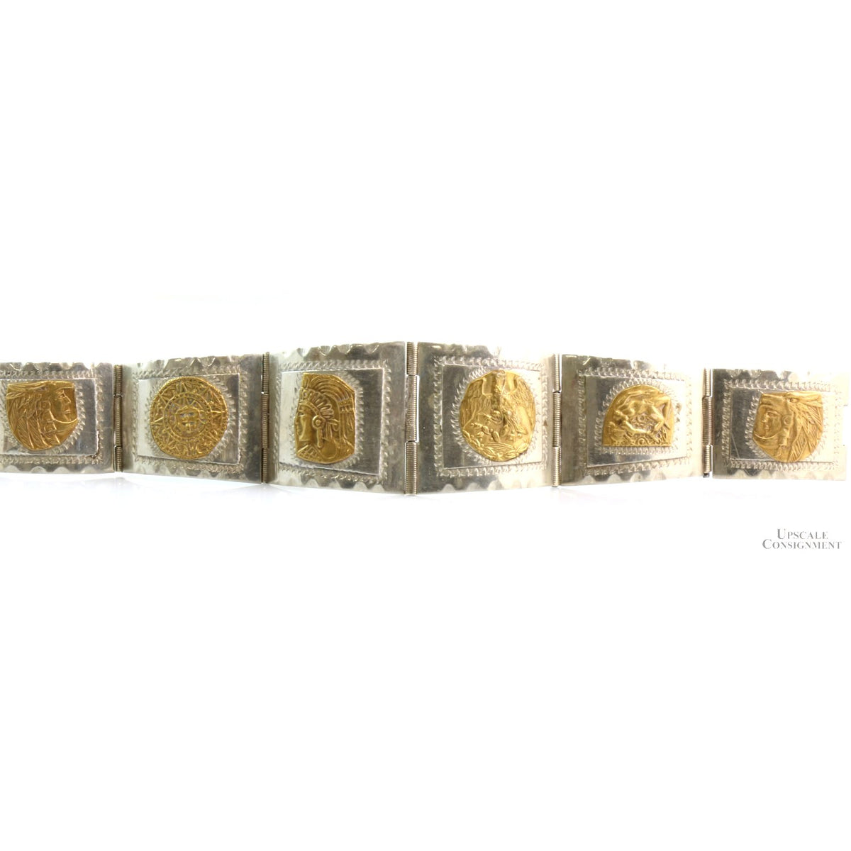 Vintage Sterling Silver Aztec Mayan Icon 7" Panel Bracelet