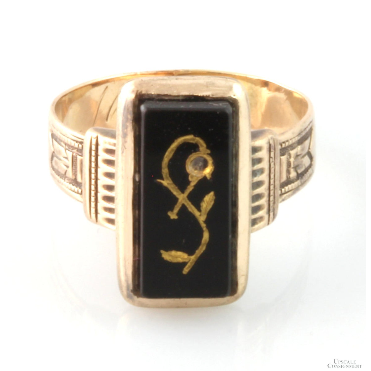 Victorian Gold Rose Inlay Design Antique Black Onyx 14K Mourning Ring