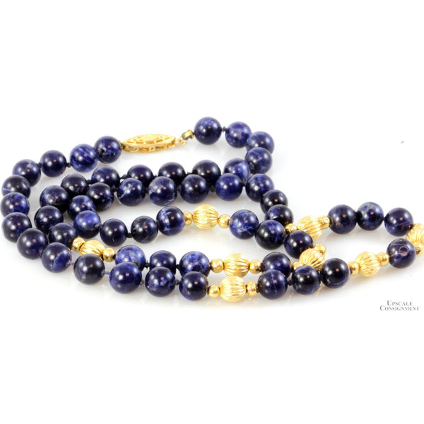 Lapis & 14K Yellow Gold Bead Handknotted Necklace