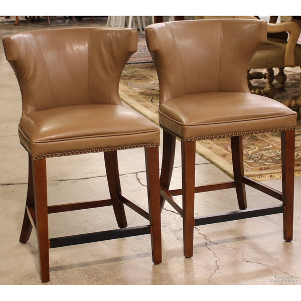 Grandin Road Pair of Leather & Wood Counter Stools