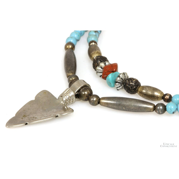 Silver, Coral, Turquoise Bead Necklace w/Turquoise & Coral Mosaic Arrowhead