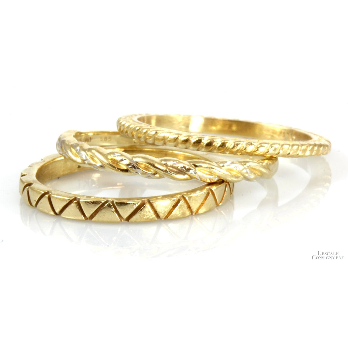 Set/3 14K Gold Stacking Rings - Ribbed, Braided & Chevon Designs